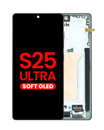 Phone screen assembly with 'S25 Ultra Soft OLED' text on a white background